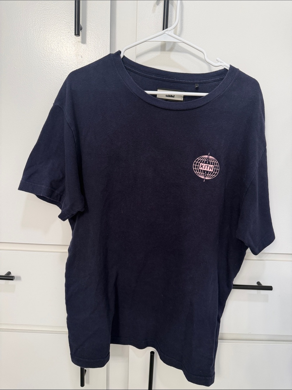 Kith Navy Short Sleeve Tee with Pink Globe Logo